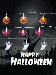 3pcs/Set 1.5M Halloween Dark Gothic Pumpkin Bat Ghost LED String Lights, Ghostly Sinister Creepy Haunted House Halloween Decor, Classic Halloween Decor, Wonderful Halloween Gifts, Indoor Outdoor Lawn Porch Window Halloween Holiday Party Decor - Ghost Bat Pumpkin - View 1