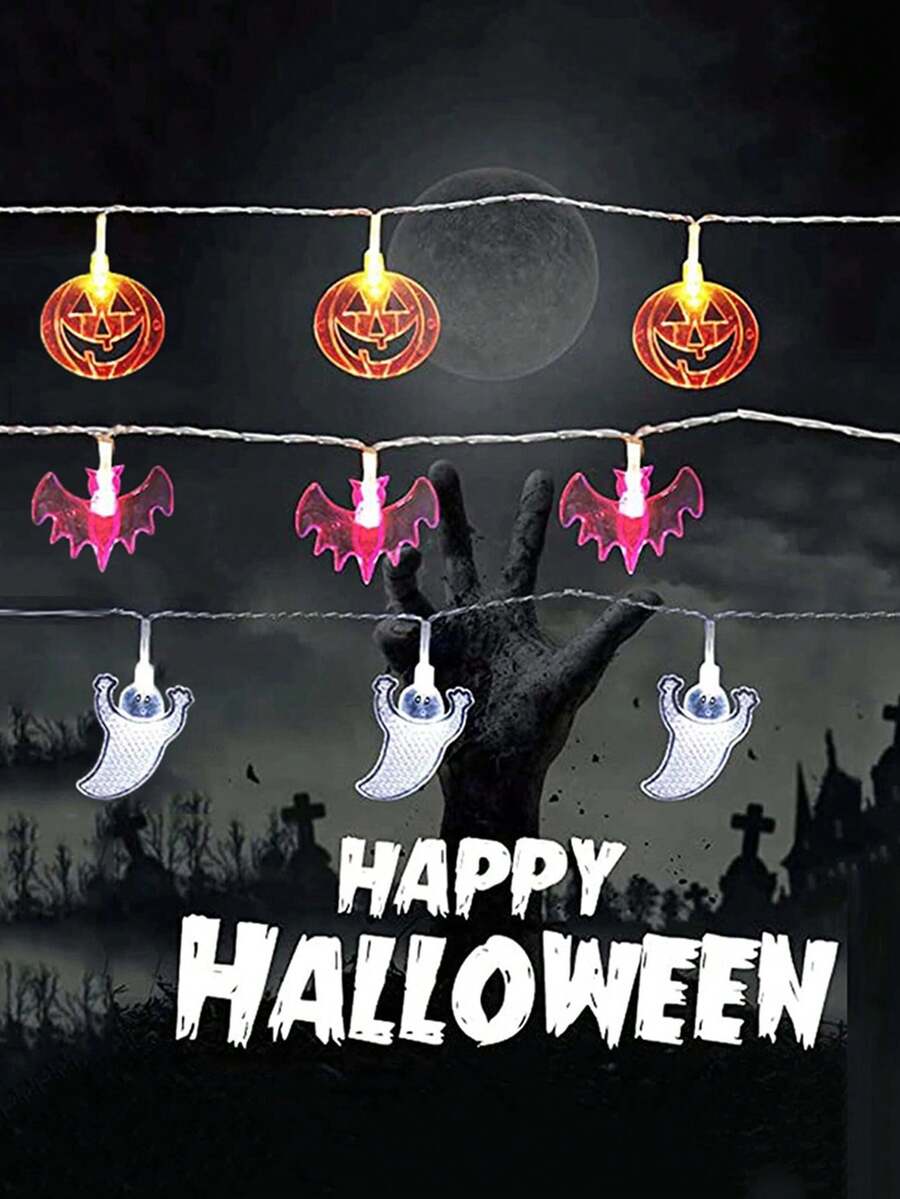 3pcs/Set 1.5M Halloween Dark Gothic Pumpkin Bat Ghost LED String Lights, Ghostly Sinister Creepy Haunted House Halloween Decor, Classic Halloween Decor, Wonderful Halloween Gifts, Indoor Outdoor Lawn Porch Window Halloween Holiday Party Decor - Ghost Bat Pumpkin - View 1