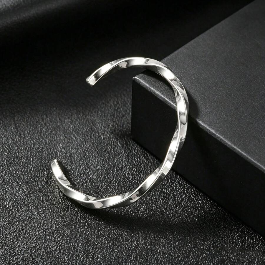 Classic Hip-Hop Style Stainless Steel Twisted Smooth Silver Bracelet Suitable For Men Women Daily Party Fashionable Simple Jewelry Gifts - Silver - View 1