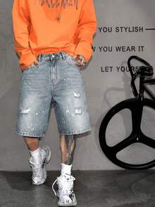 Pantalones cortos vaqueros desgastados y rotos para hombre, pantalones casuales sueltos lavados con vibración de longitud hasta la rodilla para verano - Celeste - Ver 3