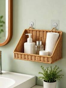1pc Bathroom Storage Rack Decorative Storage Shelf Woven Bamboo Hanging Storage Basket Bathroom Accessories Kitchen Storage Wall-Mounted Toiletries Storage Basket - Multicolor - View 7
