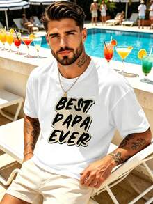 T-shirt graphique homme << Meilleur papa du monde » pour l'automne, 100 % coton, coupe ample, respirant, décontracté, imprimé - Blanc - Voir 2