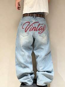 Loose-Fit Jeans Men's Streetwear Denim Pants, Loose Fit Cotton Denim Jeans With Pocket Design, Loose Fit Digital Print Cargo Style Light Color Denim Pants, Streetwear Y2K Style Best Friend Series - Light Wash - View 1