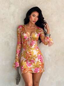 女款秋季穿著花卉印花洋裝，性感荷葉邊收腰長袖連身裙，適合度假、海灘、通勤 - 橘色 - 查看 3