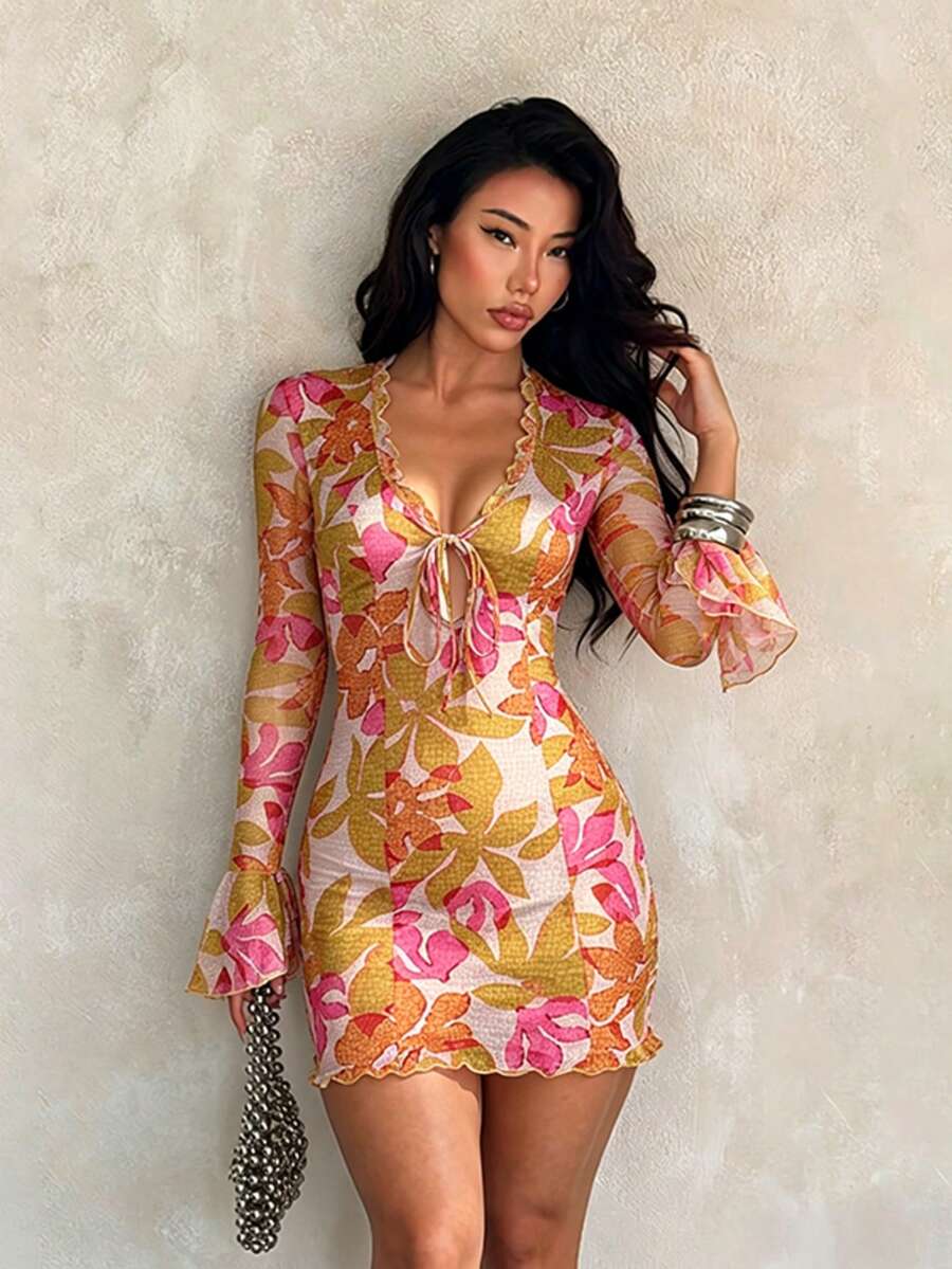 女款秋季穿著花卉印花洋裝,性感荷葉邊收腰長袖連身裙,適合度假、海灘、通勤 - 橘色 - 查看 1
