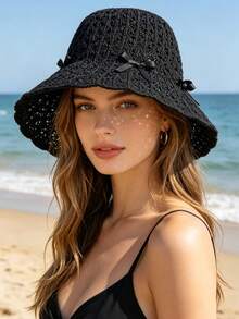 1pc Women's Hollow Woven Sun Hat, Wavy Lace Satin Bow Decor Wide Brim Bucket Hat, Small Breathable Sun Protection Hat, Suitable For Daily Outings - Multicolor - View 3