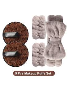 3/5pcs Daily Skincare Accessory Set, Round Reusable Face Cleansing Pads, Fluffy Bowknot Headband And A Pair Of Wristbands, Soft Absorbent Washable Facial Cleansing And Makeup Removal Tools - Brown - View 8