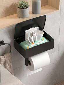 1pc Bathroom Tissue Paper Holder With Shelf, Wet Wipes Storage Rack, Wall-Mounted Toilet Paper Roll Dispenser, Bathroom Accessories - Multicolor - View 2