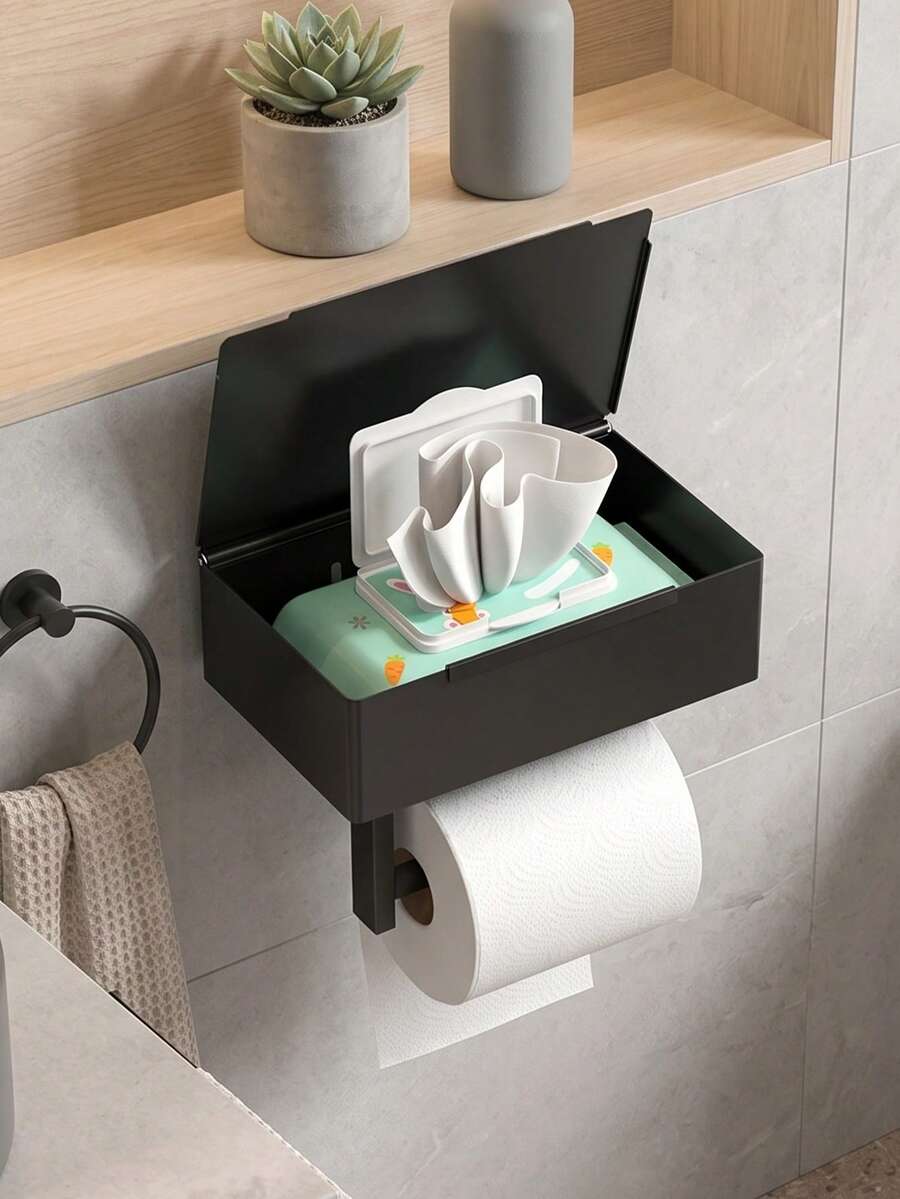 1pc Bathroom Tissue Paper Holder With Shelf, Wet Wipes Storage Rack, Wall-Mounted Toilet Paper Roll Dispenser, Bathroom Accessories