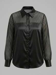 Women's Elegant Black Satin Blouse, Contrast Mesh Long Sleeve, Regular Fit Shirt Collar, Exquisite Polyester Top - Black - View 6