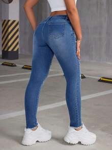 Y2K Deep Blue Washed Multi-Layer Distressed Ripped High Waist Stretch Ankle-Length Skinny Jeans For Women, Pear-Shaped Retro Slim Pencil Pants Casual - Medium Blue - View 4
