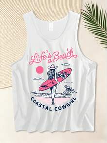 Bestseller Retro Streetwear Coastal Cowgirl Surf Beach Graphic Women's Sleeveless Tank Top, For Street Hangout Beach Trip Daily Shopping - White - View 2