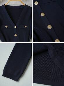 Navy Blue Knitted Cardigan Women's Autumn/Winter New Style Gold Button Waist-Cinched Ruffle V-Neck Sweater Jacket Elegant Commuter Slimming Fall - Navy Blue - View 11