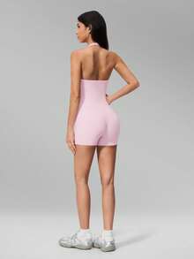 MFVIM Women V-Neck Halter Backless Yoga Bodysuit, Slim Fit Hip Lifting Short Jumpsuit For Running, Cycling, Pilates & Gym Workout - Baby Pink - View 10