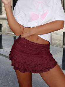 Lace Elastic Waist Ruffle Casual Shorts With Side Zipper, Comfortable & Versatile For Summer Daily Wear - Burgundy - View 3