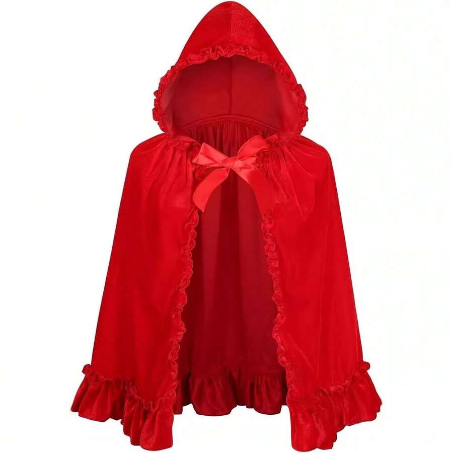1pc Red Hooded Cape With Black Lace Trim, Little Red Riding Hood Costume, For Halloween Cosplay, Gothic Outfit, Carnival, Masquerade, Christmas Party And Stage Performance - Multicolor - View 1