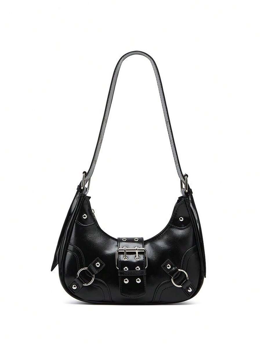 New Fashion Rivet Crescent Bag Commuter Versatile Shoulder Crossbody Women's Bag Retro Y2K Motorcycle Underarm Bag - Black - View 1
