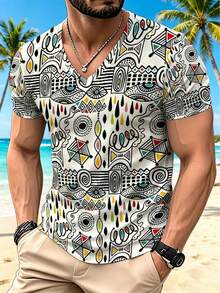 Men's White Basic Abstract African Geometric Graffiti All-Over Print V-Neck Short Sleeve T-Shirt - Multicolor - View 1