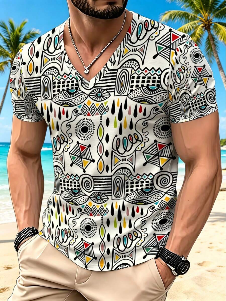 Men's White Basic Abstract African Geometric Graffiti All-Over Print V-Neck Short Sleeve T-Shirt - Multicolor - View 1