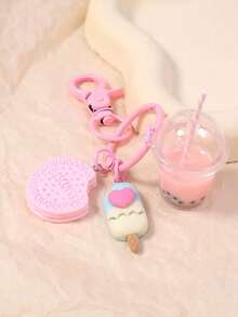 1pc Cute Cookie Ice Cream Pearl Milk Tea Keychain Set, Pink Sweet Girl Style Pendant, Handbag Decoration For Girls And Girl, Friendship Gift Jewelry - A - View 4