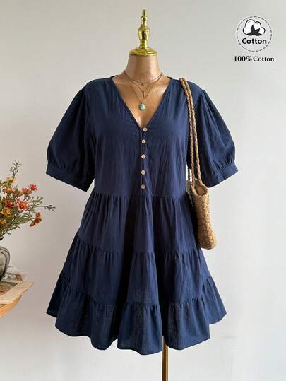 Rusttydustty Plus Size Women's Navy V-Neck Button Petal Sleeve Loose A-Line Midi Dress Elegant