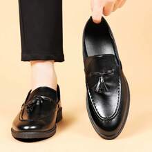 Men Tassel Decor Dress Shoes, Vintage Brown Dress Loafers For Wedding - Black - View 9
