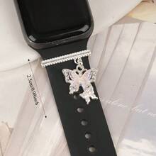 1pc Sparkly Rhinestone Double Butterfly Watch Band Charm Decor Ring Compatible With Apple Watch Silicone Strap Accessories For Women Girls - Silver - View 2