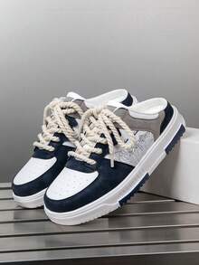 Men's Retro Rope Design Half-Toe Casual Skate Shoes, Blue & White Colorblock Leather Patchwork Daily Versatile Comfortable Sports Sneakers - White Orchid - View 5
