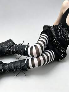STAR RIVER 1 Pair Black & White Striped Gothic Tights, Y2K Colorblock Leggings, Sweet Lolita Socks, Halloween Cosplay - Multicolor - View 10