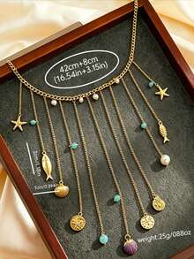 1pc Bohemian Beach Vacation Style Rhinestone Starfish Shell Fish Multi-Strand Tassel Design Premium Versatile Women's Necklace - Multicolor - View 5