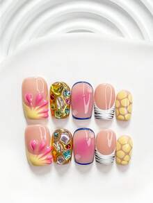 10件裝奢華手工穿戴式美甲，Polygel美甲套組，星星、蝴蝶與波點圖案，黃白黑配色，時尚風格，含美甲工具，3種尺寸可選，方形、短方形、杏仁形，適合派對、舞會、日常配戴 - 彩色 - 查看 19