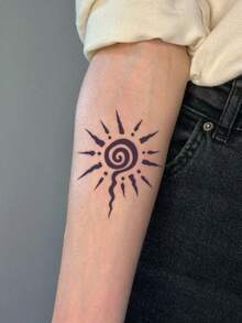 1pc Herbal Spiral Totem Sun Square Pattern Temporary Tattoo Sticker, Realistic Fake Tattoo Design, Suitable For Daily Bachelorette Party Favors, Music Festivals, Gaming, Graduation Gifts, Lasts 7-14 Days - Black - View 5
