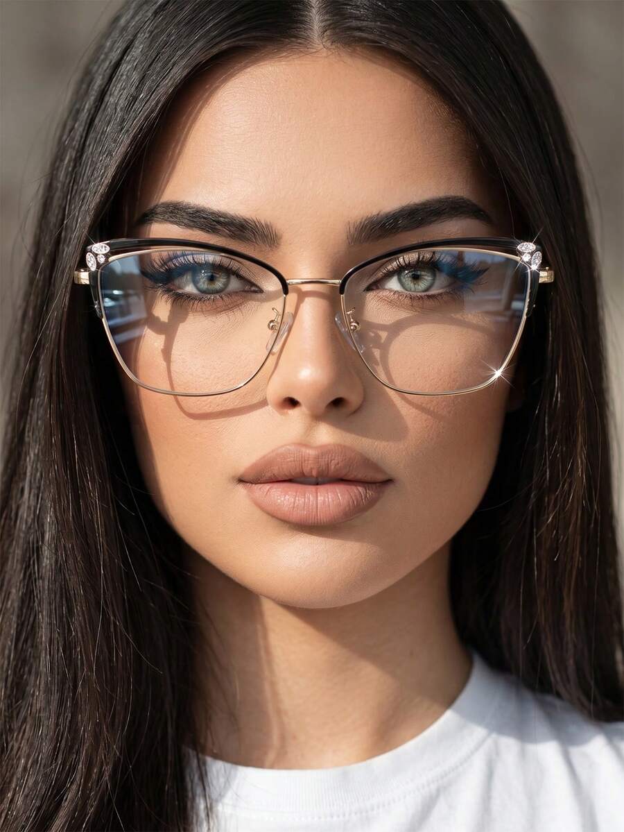 زوج واحد من نظارات نسائية بإطار معدني على شكل عين القطة باللون الأسود والذهبي، بأسلوب لطيف مع زينة من أحجار الراين، إطار كبير لتنحيف الوجه، مع معابد زنبركية، بدون وصفة طبية - الذهب الأسود - مشاهدة 1