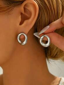 VJS 1 Pair European And American INS Style Exaggerated Geometric Hoop Earrings, Vacuum Plated Gold Stainless Steel Stud Earrings, Suitable For Commuting, Daily Shopping, Dating, Vacation, Party, Workplace Outfit, Gift Giving - Geometric Hoop Earrings - View 5