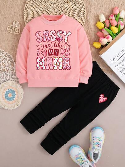 Young Girl Letter Print Crew Neck Sweatshirt And Leggings