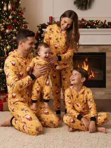 Family Matching Christmas Jumpsuits Pajamas Letter/Santa/Tree/Print Hooded Long Sleeve Playsuits Autumn Zipper Long Rompers - Yellow Kid - View 3
