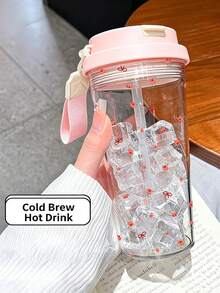 1pc/5pcs 500ml Soft Ribbon Bow Tiny Rose Themed Flip Lid Cup, Transparent Plastic Straw Bottle With Cream Webbing Lanyard, Scattered Mini Bloom Pattern For School Daily Use - Multicolor - View 8