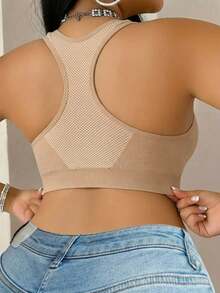 Plus Size Medium Support Seamless Sports Bra For Women, Breathable Mesh Racerback Wireless Sports Bra, 1XL-5XL, Suitable For Fitness And Daily Wear - Apricot - View 4
