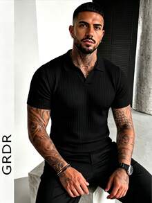 GRDR Suéter de punto de manga corta de unicolor para hombres, de moda para el verano - Negro - Ver 5