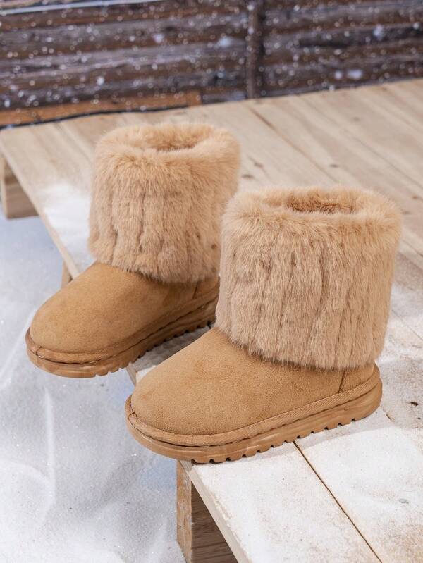 Girls' Plush Fold-Over Short Snow Boots, Thick Thermal Lined Faux Suede Anti-Slip Warm Boots For Winter