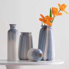 Shumen Hand-Painted Blue Minimalist Ins Style Ceramic Decorative Vase For Dried Flowers And Fresh Flowers, Living Room Floral Arrangement, Model Room Decor, 1pc - Vase - View 2