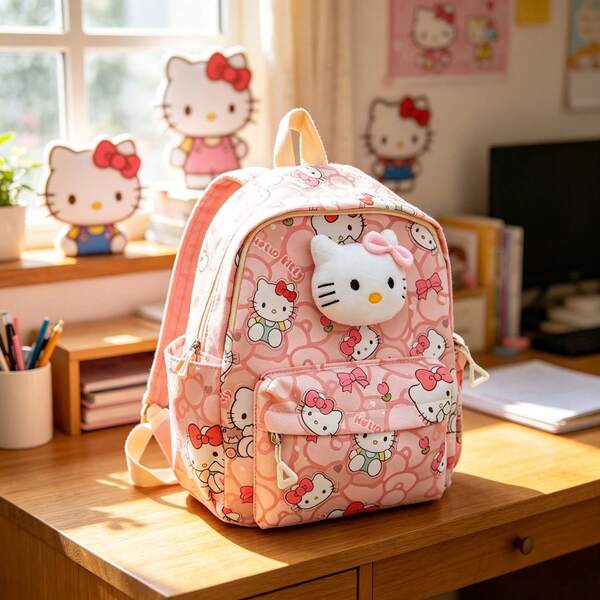 1 pieza [Mochila de moda] Nueva serie Sanrio Mochila de campus, con muñeca de personaje mini Sanrio adorable, mochila de campus universal de gato de bolsillo de moda para viajes, mochila de diseño impreso multifuncional de moda, con ilustraciones brillantes de Hello Kitty, Cinnamoroll, Pompompurin y otros dibujos animados, primera opción para viajes al aire libre y compras, regalo práctico para vacaciones