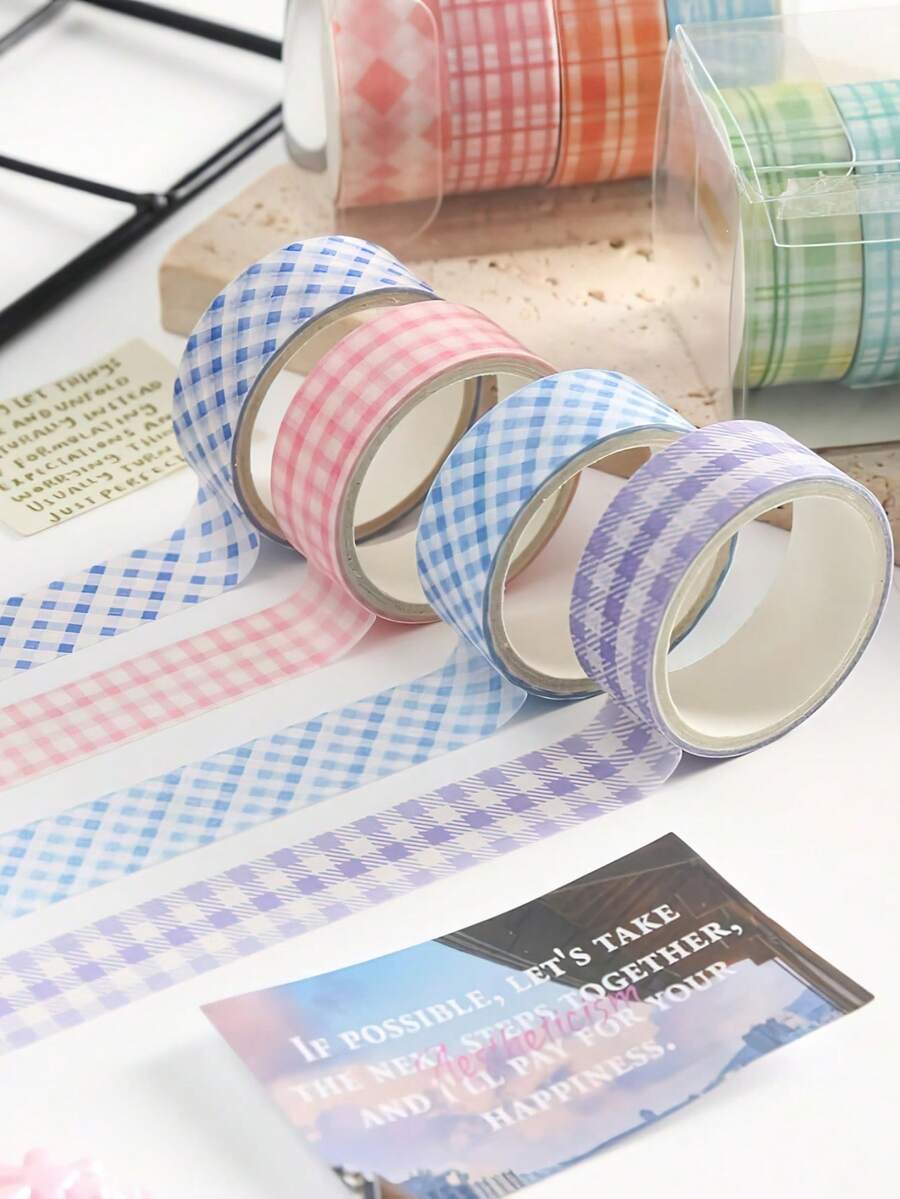 Set Pita Washi Kotak-kotak Warna-warni 16 Gulungan Pita Perekat Dekoratif Kotak-kotak Dasar untuk Seni, Kerajinan DIY, Jurnal, Perencana, Scrapbook, Pembungkus - Pita Washi - View 1