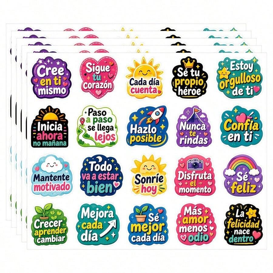 100pcs Spanish Inspirational Stickers, Positive Quotes Labels, Encouraging Short Phrases Decorative Stickers, Suitable For Planner, Scrapbook, Packaging, Gifts And DIY Decoration - Spanish - View 1