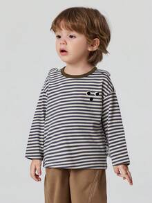 mini bala Kids Cotton Striped Brushed Soft Long Sleeve T-Shirt Cute Style Comfy Base Top 2026 Autumn New Arrival - White and Blue - View 2