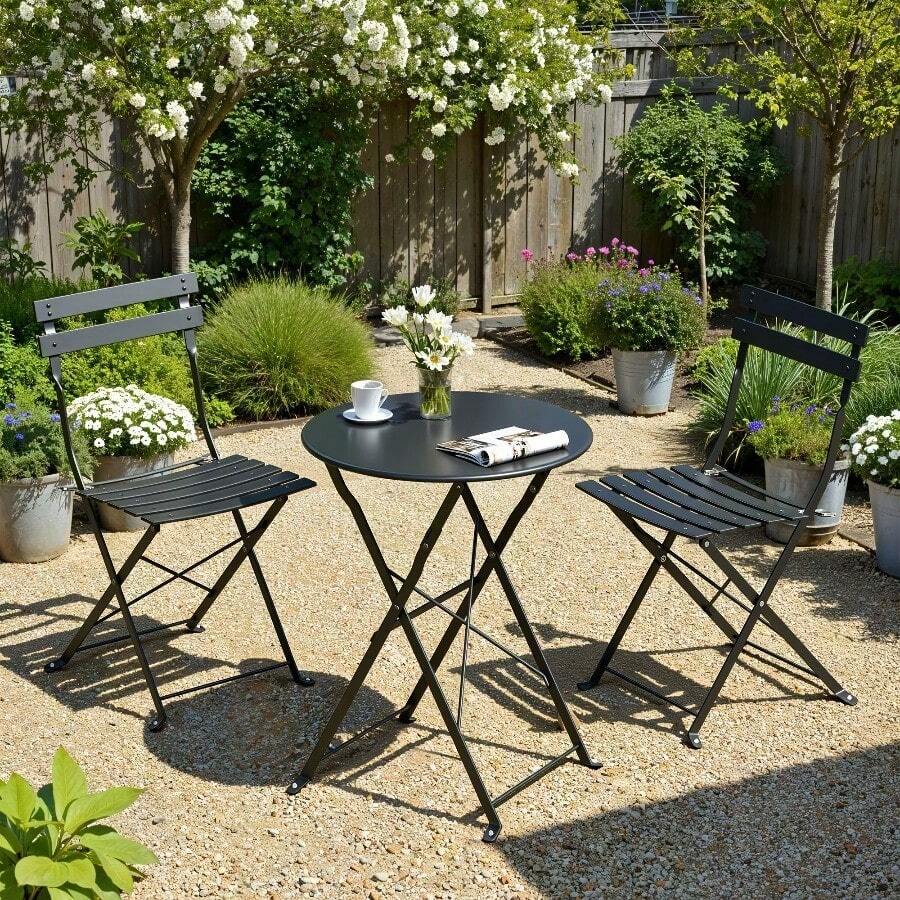 3pcs Folding Bistro Furniture Set For Outdoor Use, Including Table And Chairs For Garden And Balcony - Black - View 1