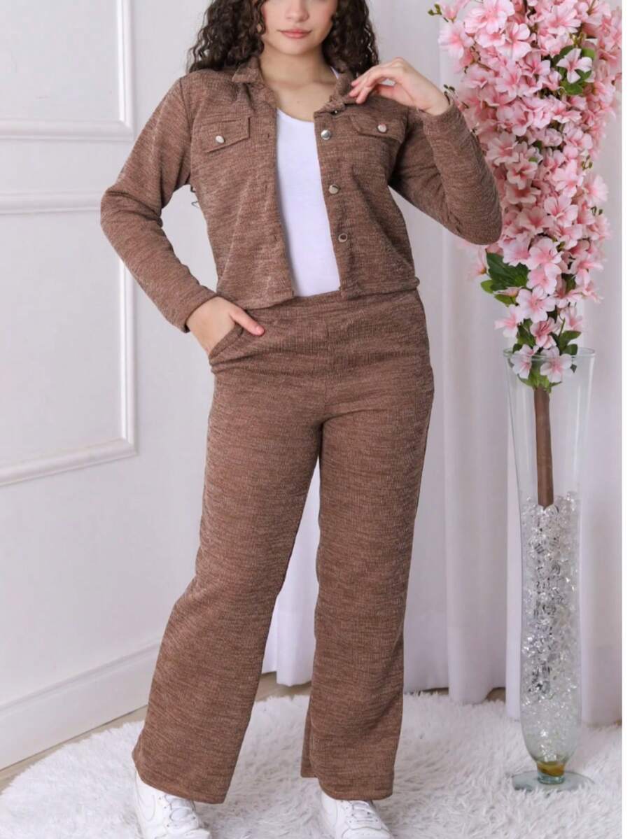 Conjunto infantil juvenil Menina calça e Blusa jaqueta de botões Lazinha canelada - Marrom - Visão 1