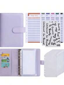 Macaron Color A6 6-Ring Budget Planner Set, Cash Envelope Savings System Notebook, Includes Divider Pages, Stickers And Budget Sheets, Monthly Expense Tracking Organizer, Women's Home Gift Stationery, Back To School - Purple - View 1