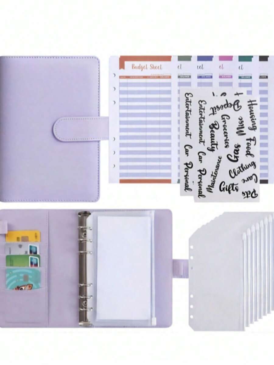 Macaron Color A6 6-Ring Budget Planner Set, Cash Envelope Savings System Notebook, Includes Divider Pages, Stickers And Budget Sheets, Monthly Expense Tracking Organizer, Women's Home Gift Stationery, Back To School - Purple - View 1