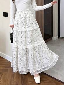 Women's Spring/Summer White Small Polka Dot Lace Trim Layered Cake Skirt, Gentle Style Commute & Travel Skirt - White - View 3